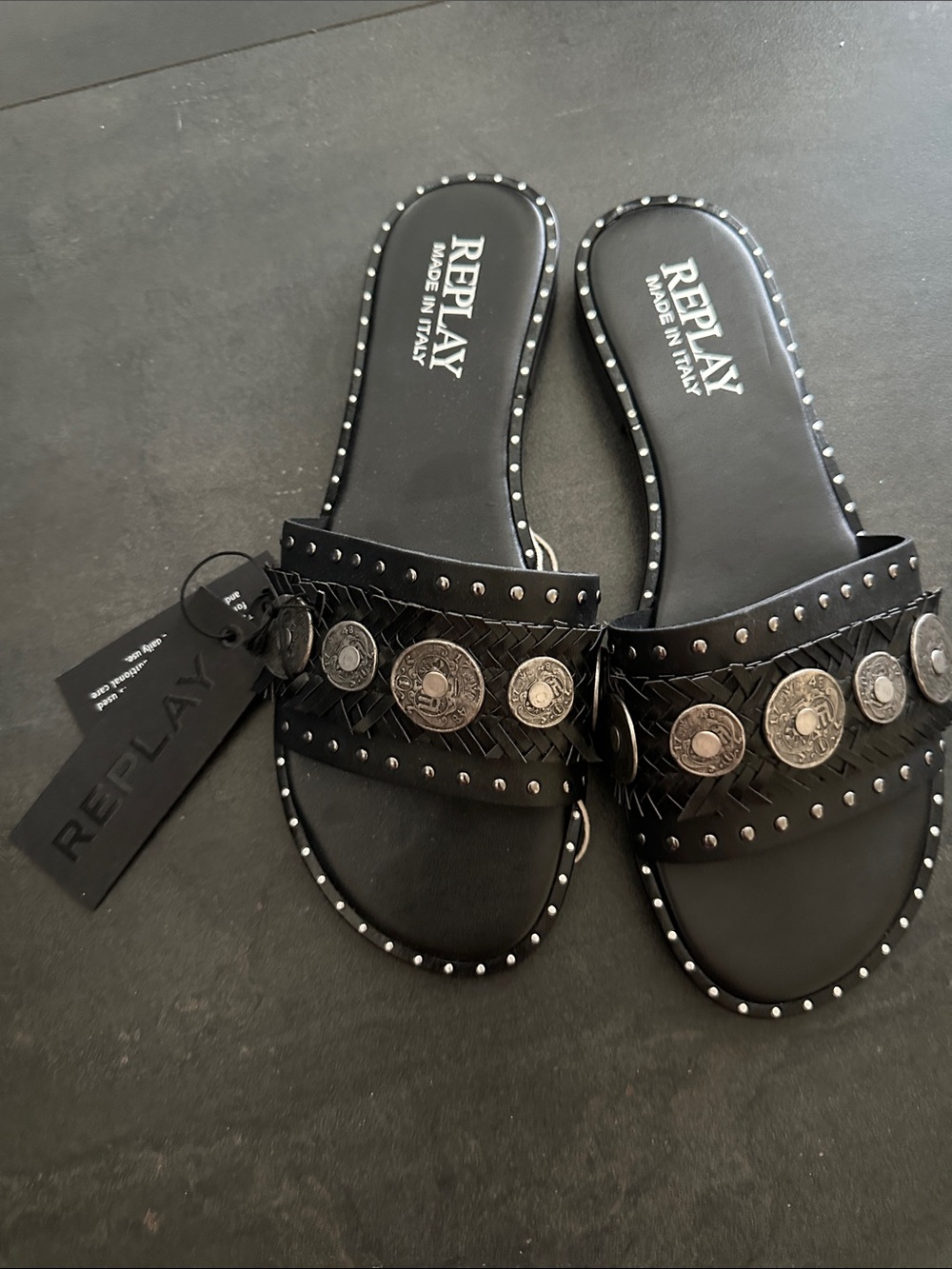 Replay Black Slide Sandals with Silver Coin Accents and Stud Trim